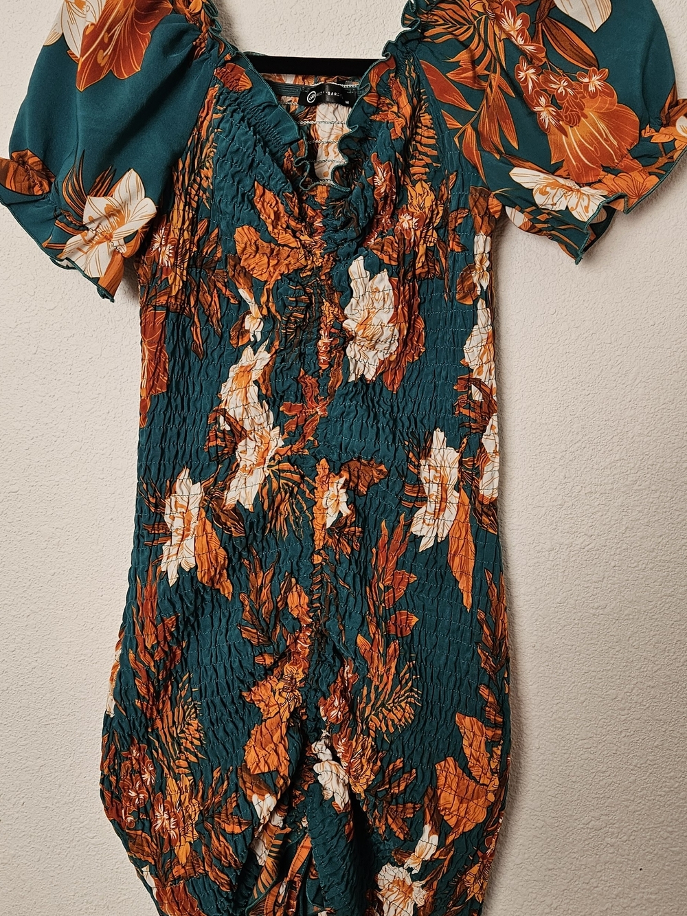PrettyGarden - Teal Floral Smocked Women's Dress - Off The Shoulder
